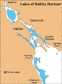 An aerial photograph of part of inner Halifax Harbour showing the relative location of Citadel Hill and Georges Island