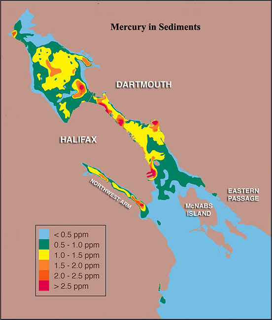 map showing the distribution and amount of mercury