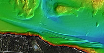 A multibeam bathymetric image of seabed features called sedimentary furrows