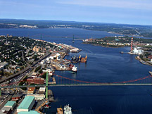 An aerial photograph of The Narrows of Halifax Harbour defined as the region between the two bridges.