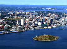 An aerial photograph of part of inner Halifax Harbour showing the relative location of Citadel Hill and Georges Island
