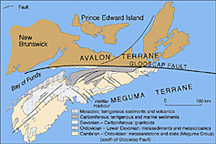 A bedrock map of Nova Scotia showing the location of Halifax Harbour.