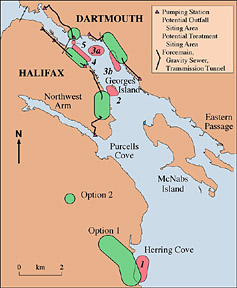map of part of Halifax Harbour showing the recommended locations for sewage treatment plants